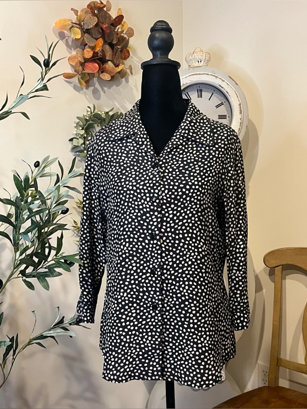 Vintage-Style ANNA & FRANK 100% Silk Polka Dot Blouse-Black & Beige Small EUC